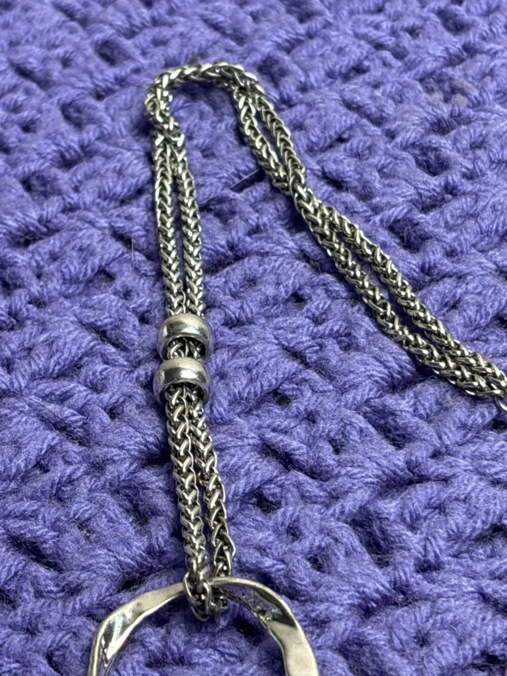 Chunky Silvertone Textured Necklace Double Chain Statement 34 - 37 inches Long